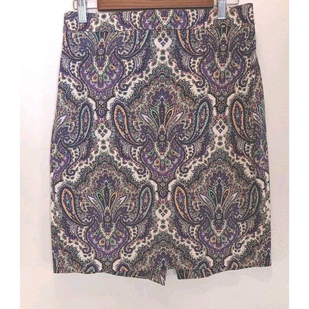 J.Crew The Pencil Skirt Purple Green Paisley Cotton Stretch Size 8 Back Zipper